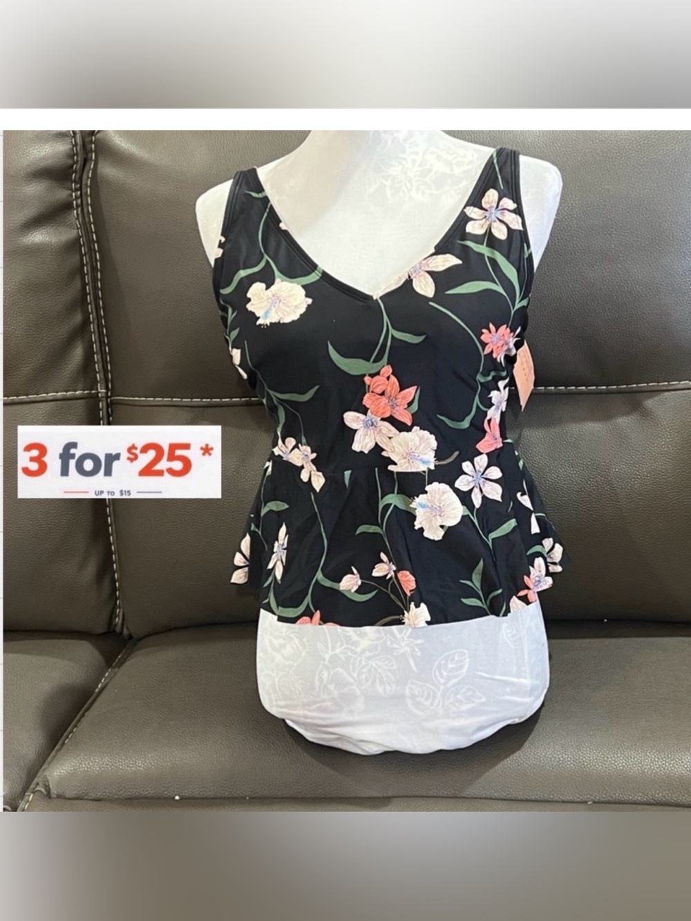 Shade & Shore Black Floral bikini tankini swimsuit top